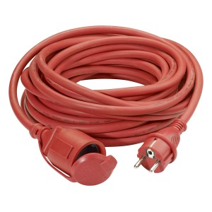 Rotes Verlängerungskabel H07RN-F, 10 m, mit Schutzkontaktstecker und Verschlusskappe.