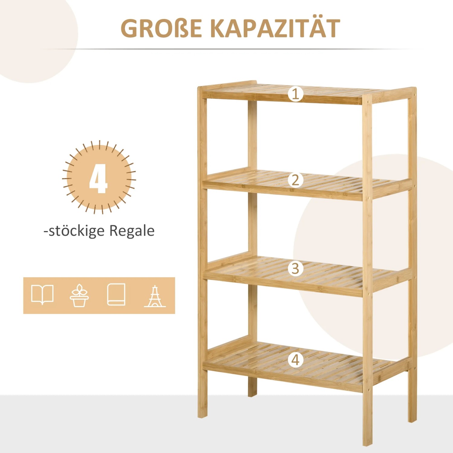 HOMCOM Standregal aus Bambus mit 4 Ablagen in Naturholzoptik.