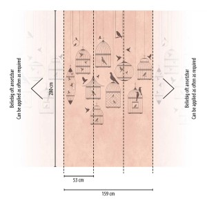 Fototapete Vogel Rosa/Grau: Wandbild mit Vogelkäfigen und Vögeln auf rosa Hintergrund.