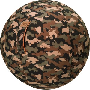 Sitting Ball Hocker Camo, olivfarbener Sitzsack mit Camouflage-Muster und Seitentasche.