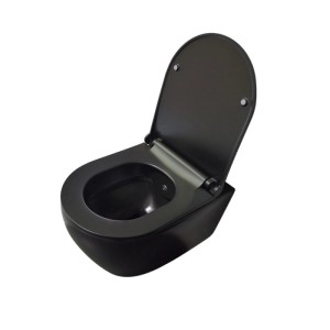 Belvit Dusch-WC Komplettset, spülrandlos, schwarz matt mit offenem WC-Deckel.