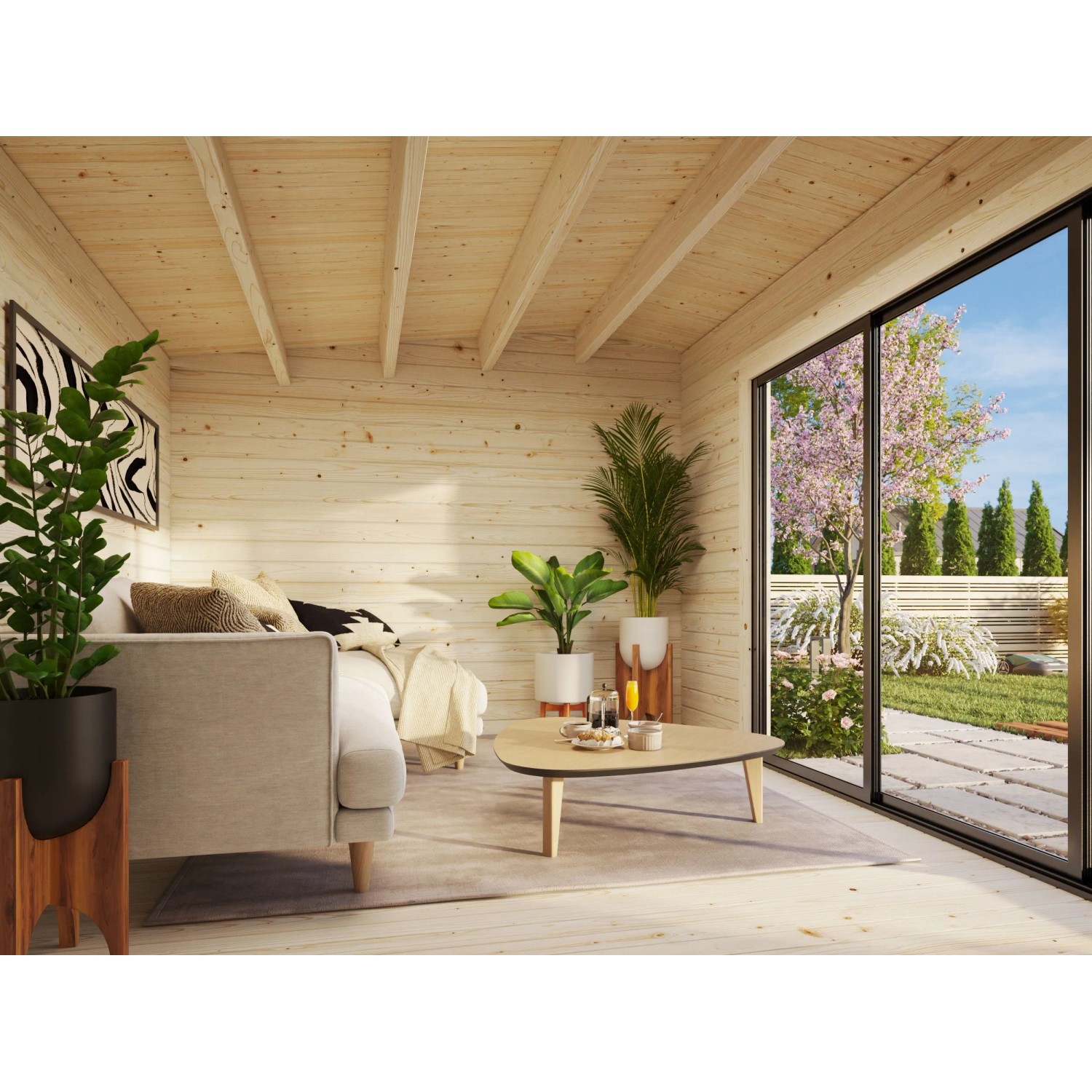 Innenansicht: Palmako Gartenhaus Ines Slide, naturbelassen, mit Schiebetür und Gartenblick.