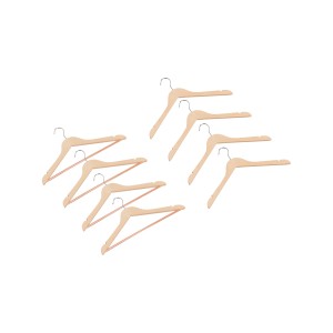 8er-Pack Kleiderbügel aus hellem Holz, teils mit Steg, für Hosen und Oberteile.