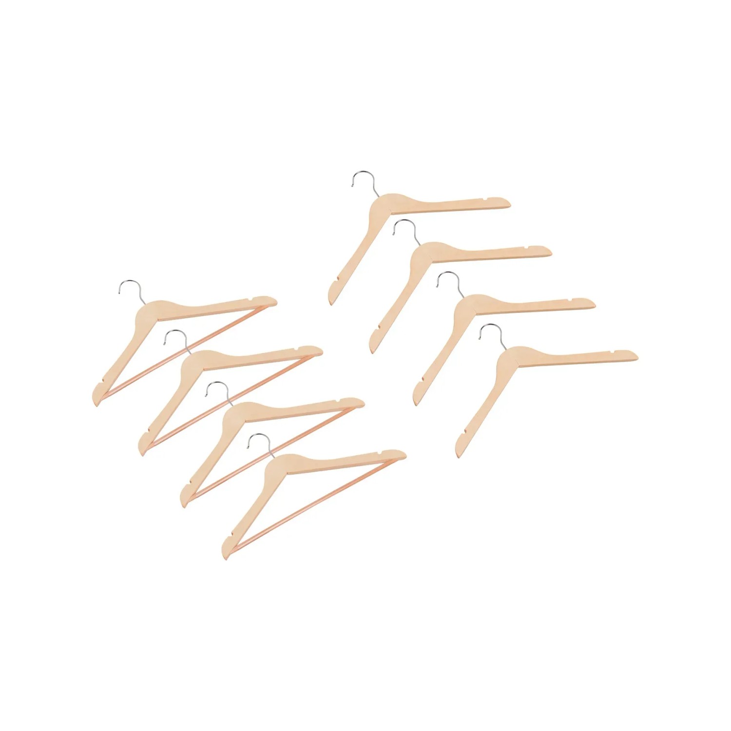 8er-Pack Kleiderbügel aus hellem Holz, teils mit Steg, für Hosen und Oberteile.
