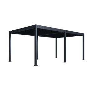 Moderne, anthrazitfarbene Paragon Outdoor Pergola Grand Tuscan mit Lamellendach.