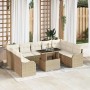 Beiges 10-tlg. vidaXL Garten-Sofa-Set aus Poly Rattan mit Tisch und Kissen.