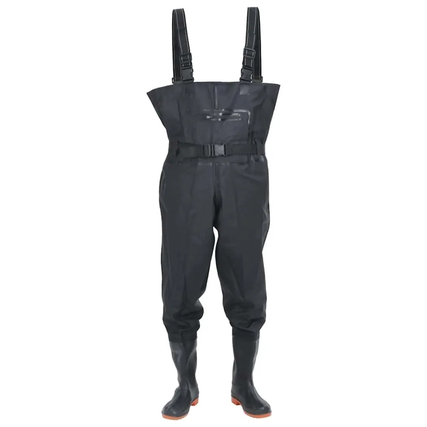 Schwarze vidaXL Wathose Gr. 42 mit Stiefeln und Gürtel für Arbeit und Freizeit.