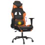 Gaming-Stuhl in Schwarz und Orange mit Massagefunktion und Fußstütze.