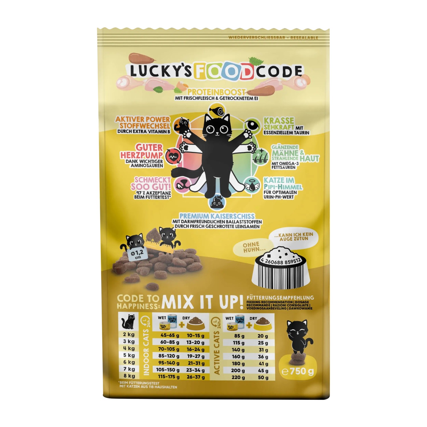 Lucky Lou Katzen-Trockenfutter Geflügel & Huhn, 750g Packung.