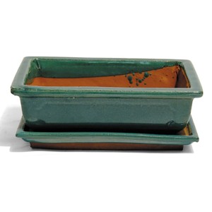Grüne Bonsai Schale mit Unterteller, Ø 25cm, für Bonsai Bäume.