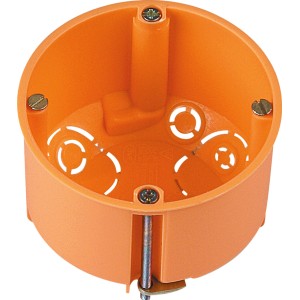 Orange Hohlwanddose Ø 68mm, Tiefe 61mm, mit Spreizkrallen und Ausbrechöffnungen für Kabel.