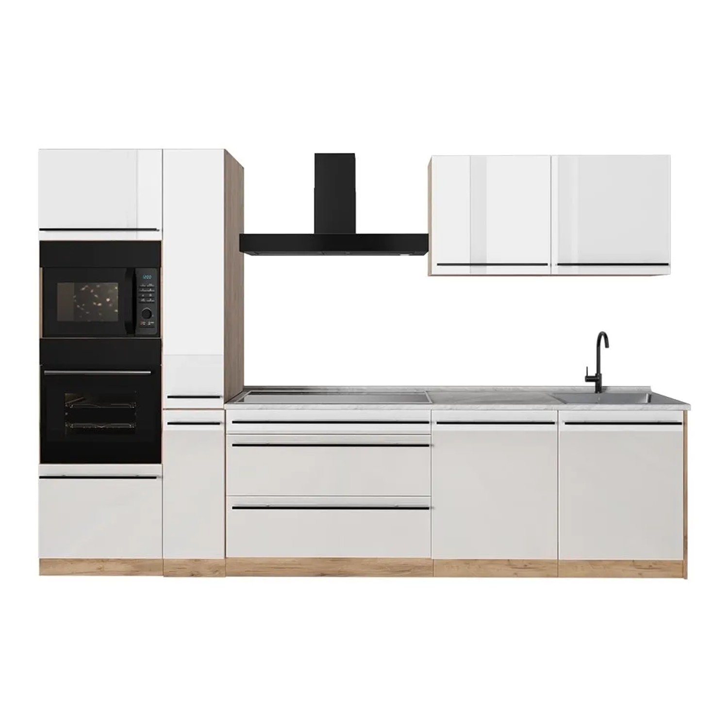 Vicco Küchenzeile R-Line Weiß Hochglanz/Goldkraft Eiche 310 x 207 Arbeitsplatte Marmor Art Nr 66451