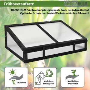 TRUTZHOLM Frühbeetaufsatz aus Holz, schwarz, für Hochbeete und Garten, 120x80cm.