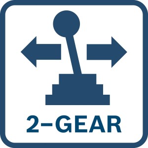 Symbol für 2-Gang-Getriebe mit Schalthebel und Pfeilen nach links und rechts.