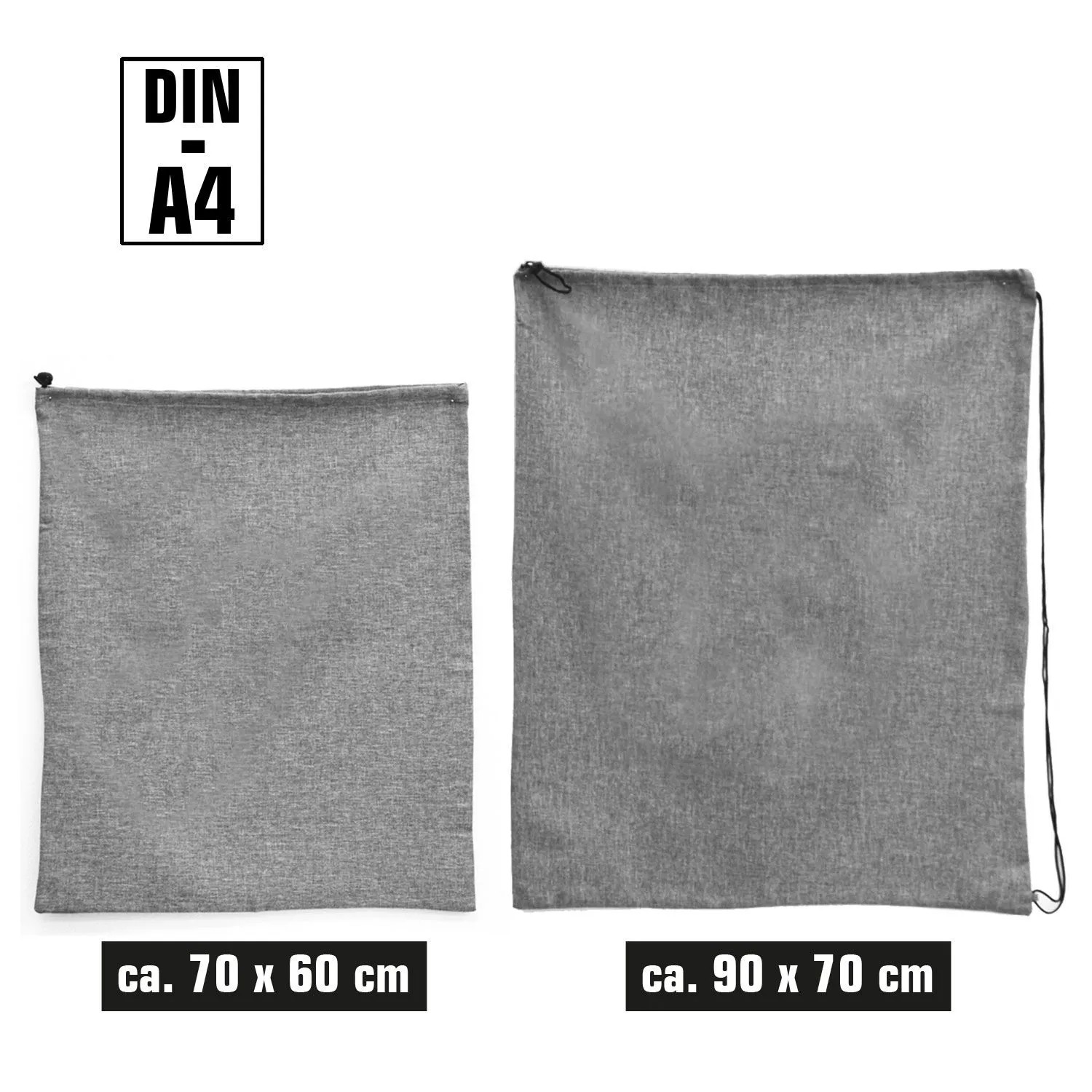 Zwei graue DuneDesign Wäschesäcke (100L, 60L) mit Kordelzug, ca. 90x70cm & 70x60cm. Stoff in Leinenoptik.