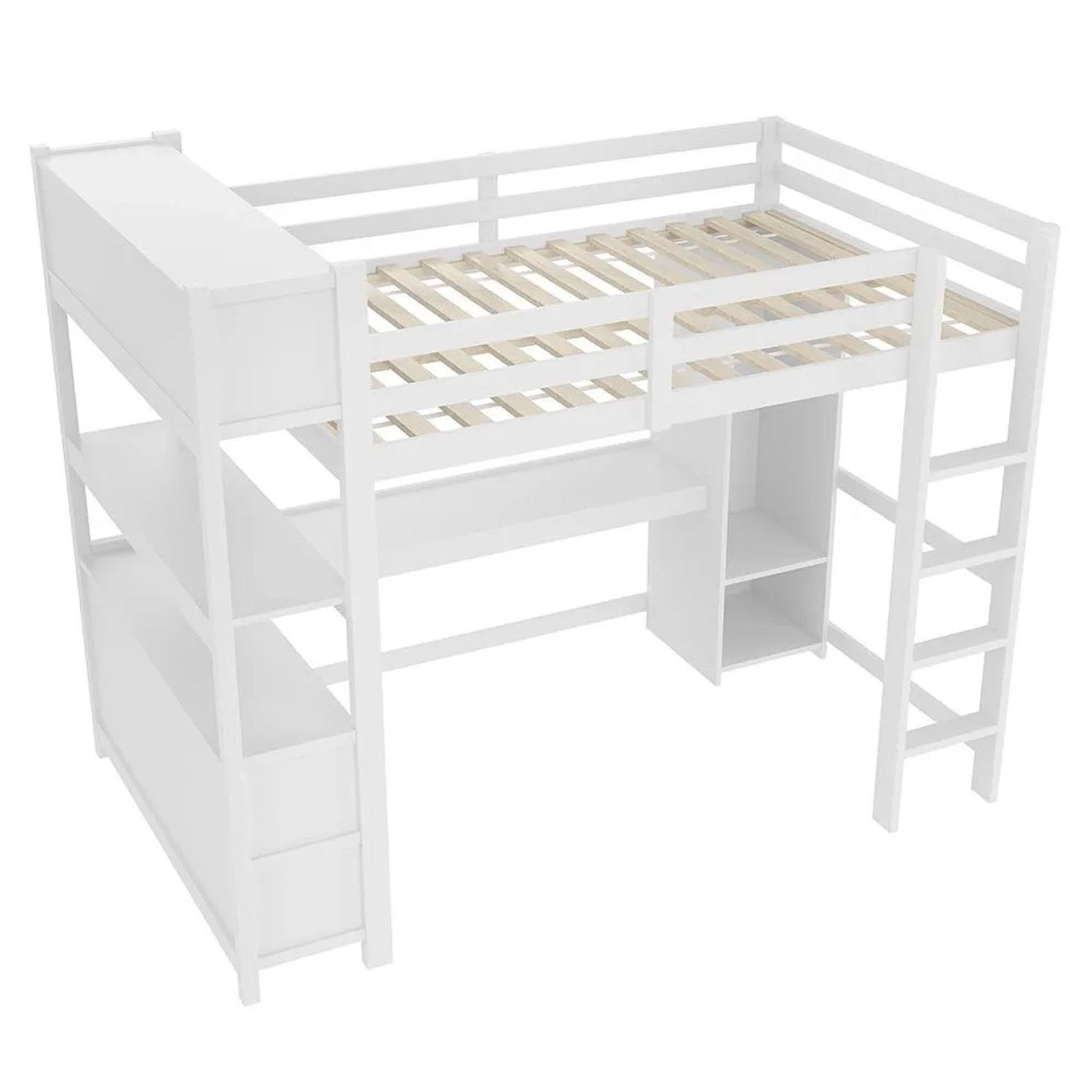 KOMHTOM Hochbett  140 x 200 Cm  Regale  Mehrere Staufächer  Schreibtisch  Kleiderschrank  Matratze Nicht Enthalten  Weiß