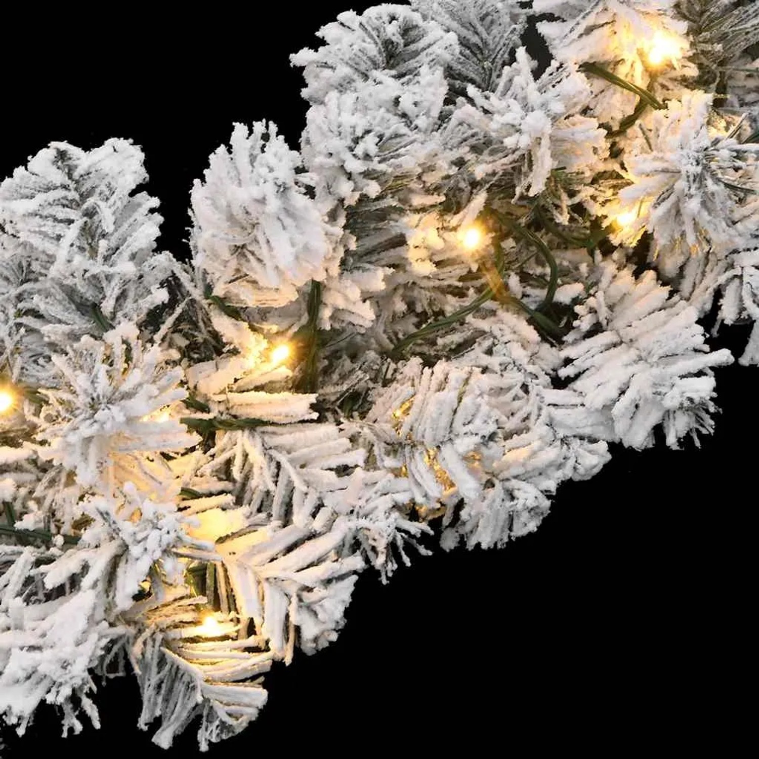 Grüne Weihnachtsgirlande mit dichtem Kunstschnee und warmweißen LED-Lichtern, 5 m lang, aus PVC.