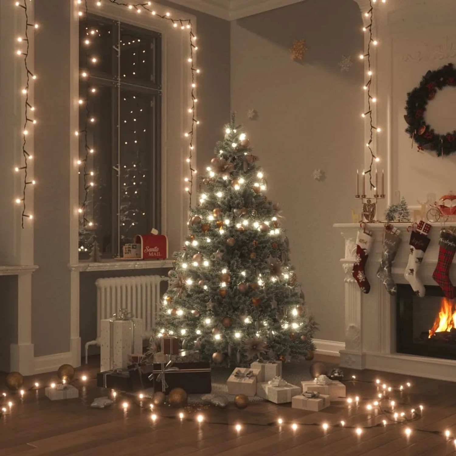 Warmweiße vidaXL LED Lichterkette (100m) dekoriert Fenster, Weihnachtsbaum und Boden in festlicher Wohnzimmer-Szene.