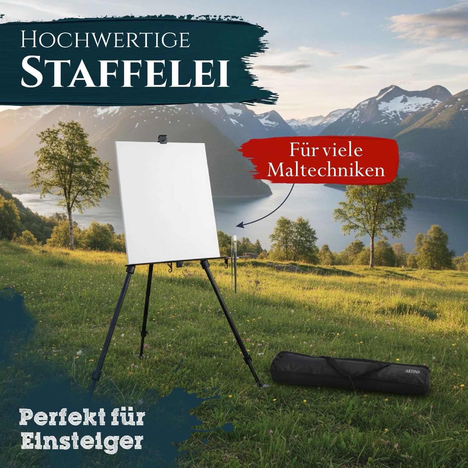 Schwarze Artina Paris Metall Staffelei mit Teleskopbeinen und Leinwand im Freien, Tragetasche daneben.