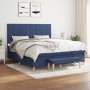 Blaues Boxspringbett (180x200 cm) mit Matratze, Kopfteil und Bank. Stoffbezug.