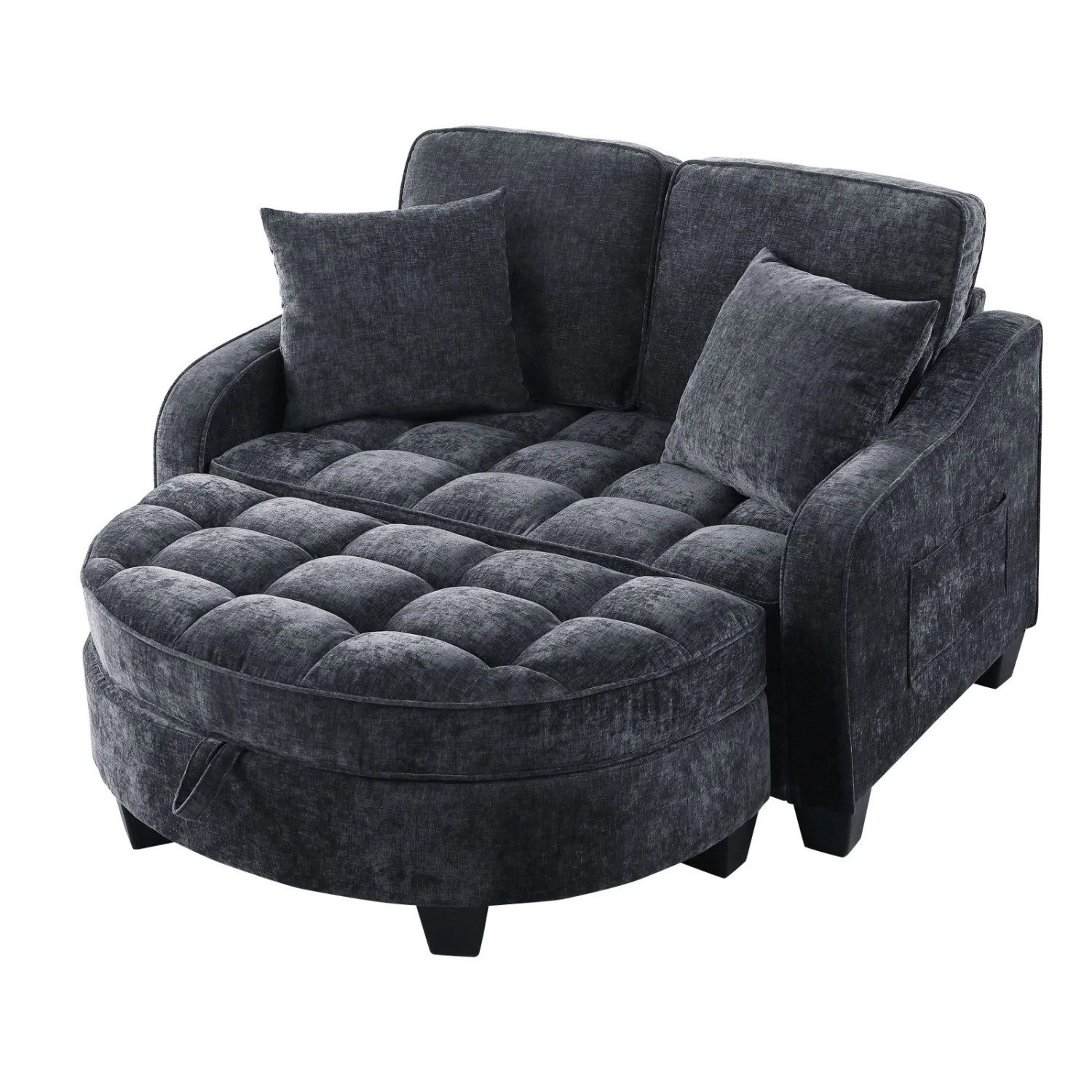 PXloue Schlafsofa 2 in 1 Sofa Bett mit Hocker Stauraum Eukalyptusholz Rahmen Stoffbezug Schwarz