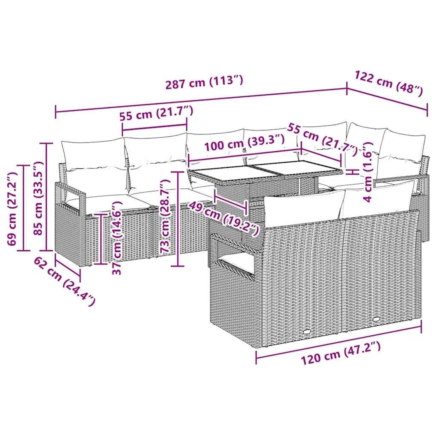 Hellgraues 9-teiliges Garten-Sofa-Set mit Tisch aus Poly Rattan von vidaXL. Gartenmöbel für Terrasse und Garten.