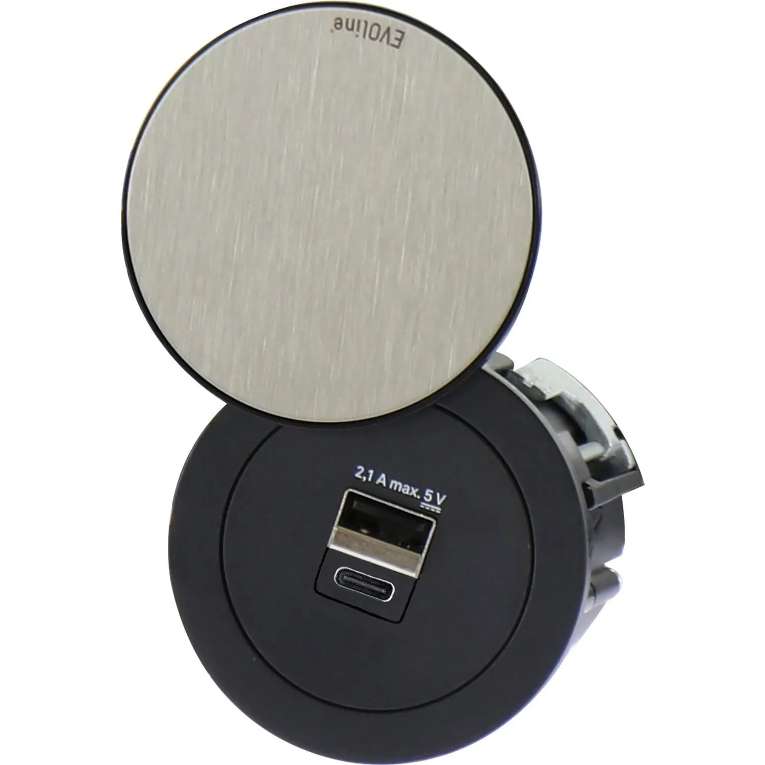 Evoline One Usb-Charger 2-Fach Typ A+C mit Drehdeckel Schwarz Edelstahl