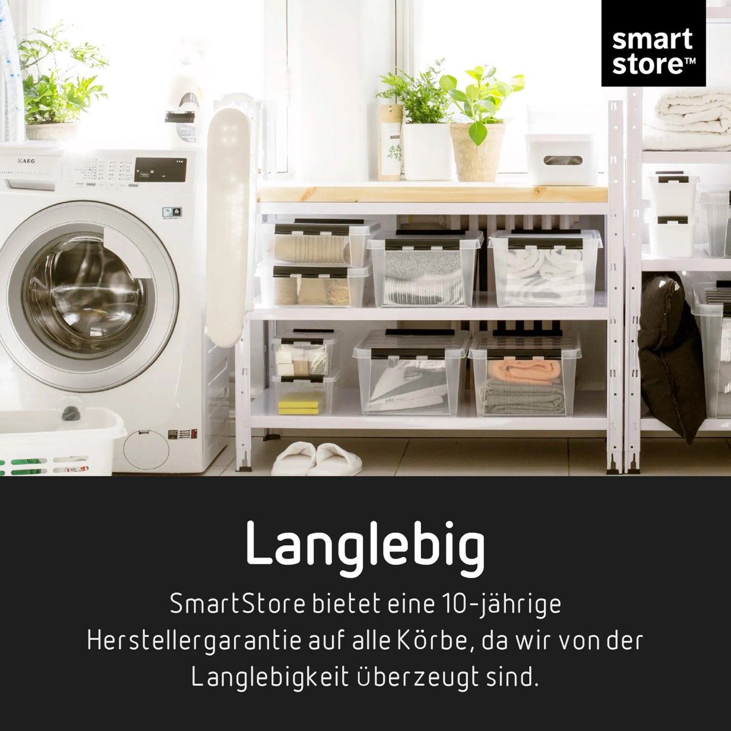 SmartStore Aufbewahrungsboxen Classic 46L im Regal, transparent mit Deckel, zur Aufbewahrung von Gegenständen.