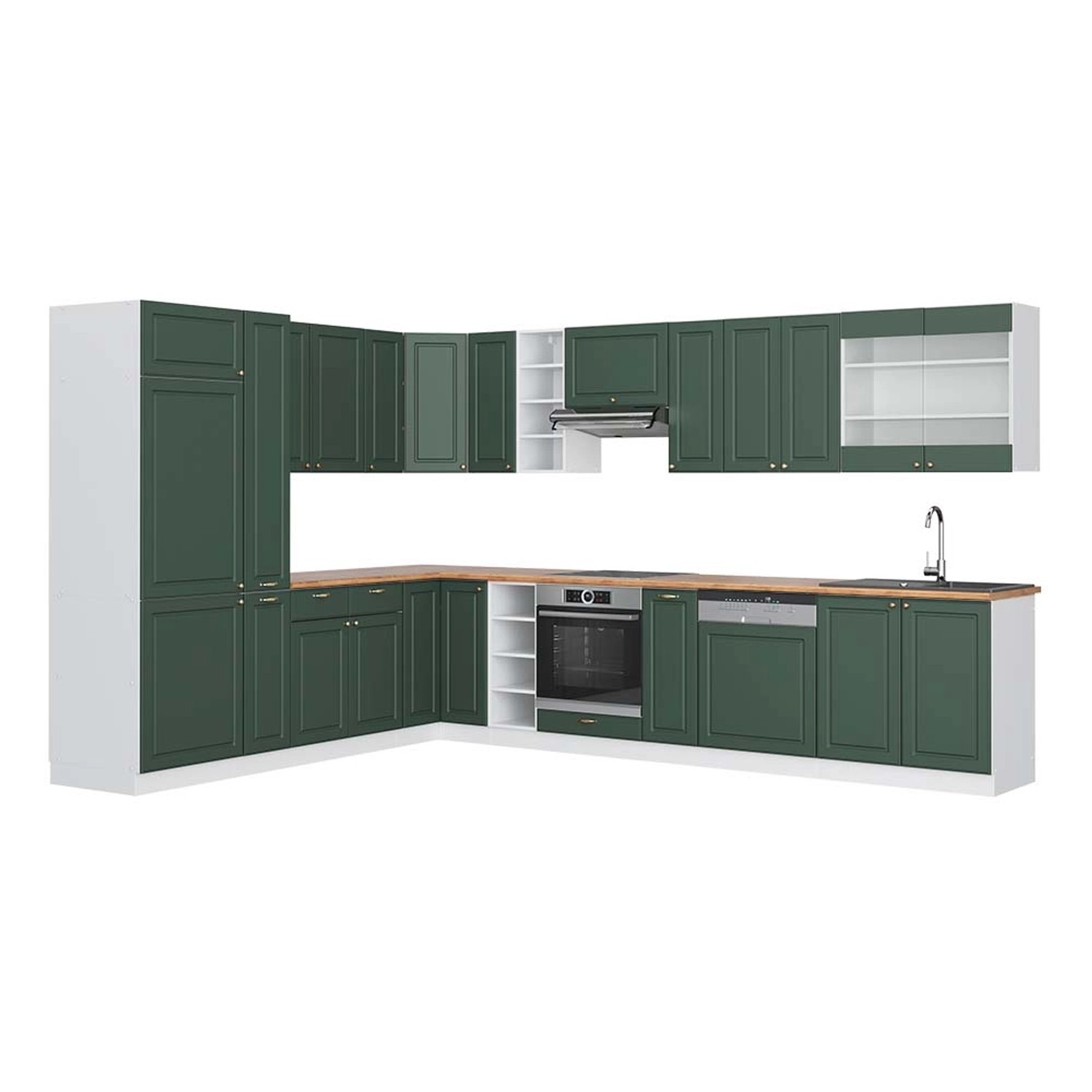Vicco Fame-Line Eckküche Grün-Gold Landhaus/Weiß 347 x 257 cm AP Eiche günstig online kaufen
