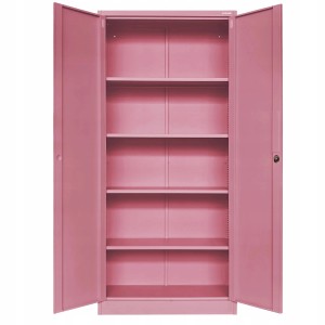 Offener, rosa Jan Nowak Aktenschrank JAN H aus Metall mit Einlegeböden und 3-Punkt-Verriegelung.
