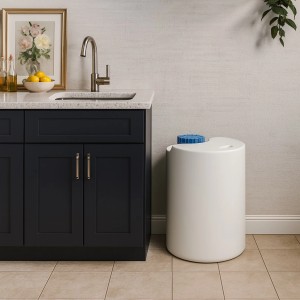 Weißer KMND 60L Trinkwasser Wassertank aus Kunststoff mit blauem Deckel.