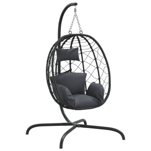 Anthrazitfarbener vidaXL Hängesessel Ei aus Polyrattan mit Stahlgestell und Kissen.
