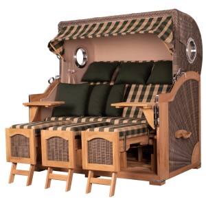 XXL Strandkorb Ammersee Grande Teak grau: Komplettset mit Bullauge, Fußstützen und Bistrotischen.