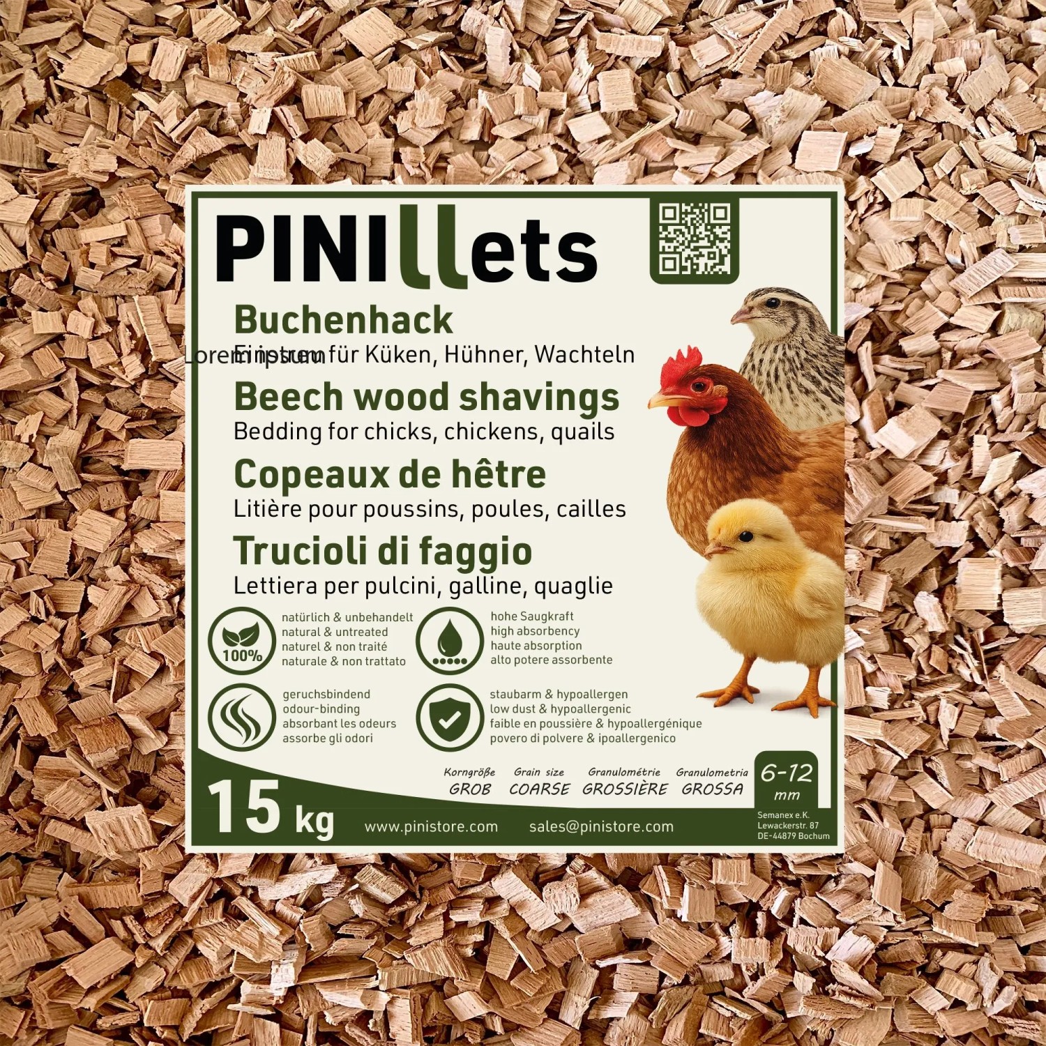 PINI Buchenhack Grob 15 kg Einstreu für Hühner, Küken & Wachteln