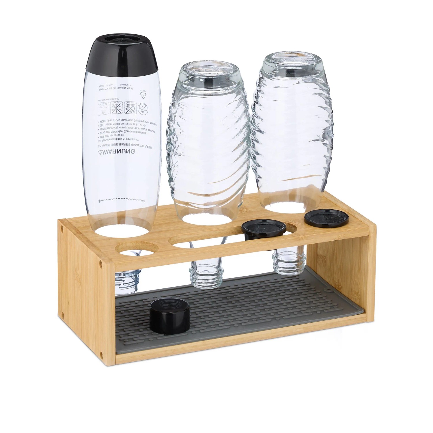 Relaxdays Flaschenhalter Bambus Natur Grau mit Silikonmatte für 3 Flaschen 11 cm x 31 cm x 14,5 cm 0,8 kg