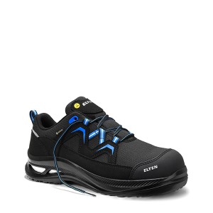 Schwarzer Elten Sicherheitshalbschuh Fry XXG Pro GTX S3 mit blauen Akzenten.