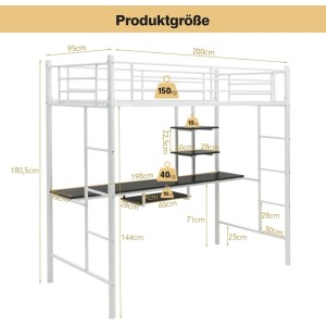 Costway Hochbett mit Schreibtisch Etagenbett mit 2 Leitern Weiß