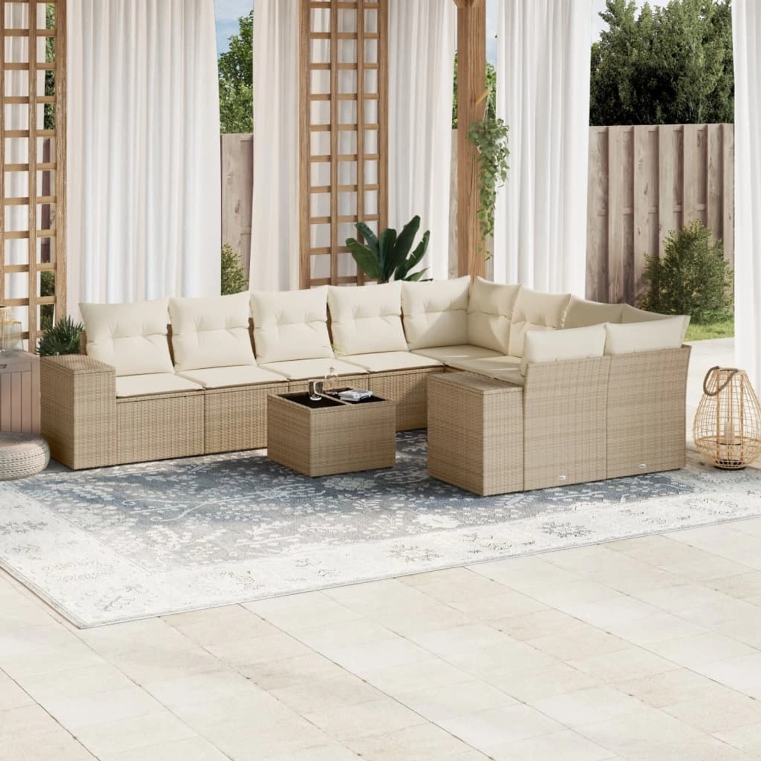 Beige 10-tlg. vidaXL Garten-Sofagarnitur aus Rattan mit Kissen. Gartenmöbel für Terrasse und Garten.