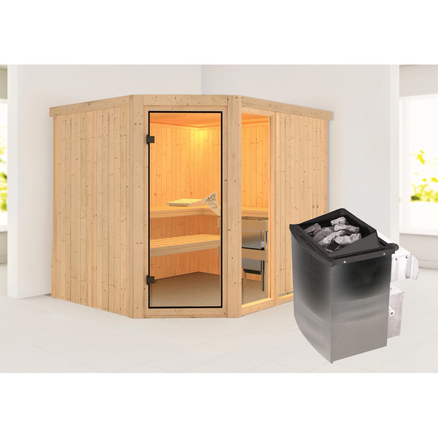 Karibu Sauna Freyja 3 mit Ofen intergrierte Stg.Natur günstig online kaufen