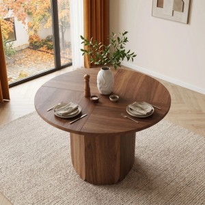Runder Merax Esstisch Skandi Walnuss, 120cm, mit natürlicher Holzmaserung und Säulenfuß, für moderne Wohnstile.