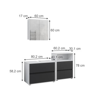 Vicco Badmöbel-Set Maltin, 3-teilig, weiß/anthrazit, mit Waschbeckenunterschrank, Spiegelschrank und Midischrank.