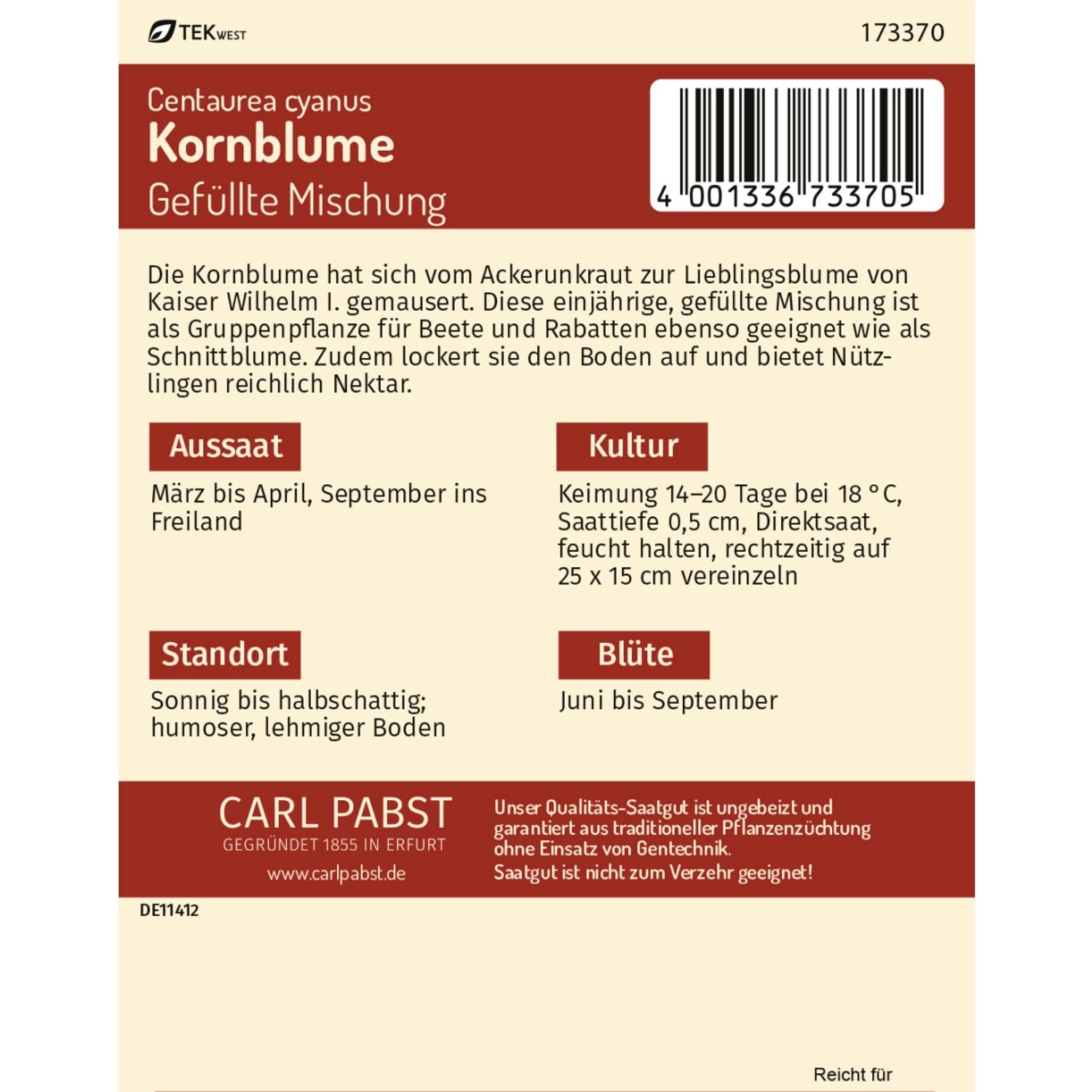 Pabst Keimkraft Kornblume Saatgut, gefüllte Mischung für ca. 100 Pflanzen.