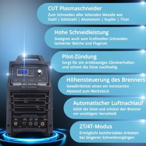 STAHLWERK CUT 100 Pro Plasmaschneider, 100 A, mit Pilotzündung. Gerät mit Display und Funktionen für präzises Metallschneiden.