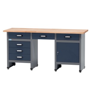 Küpper Werkbank-Komplett-Set 1,70m in Dunkelblau mit Schubladen, Tür und Buchenplatte.