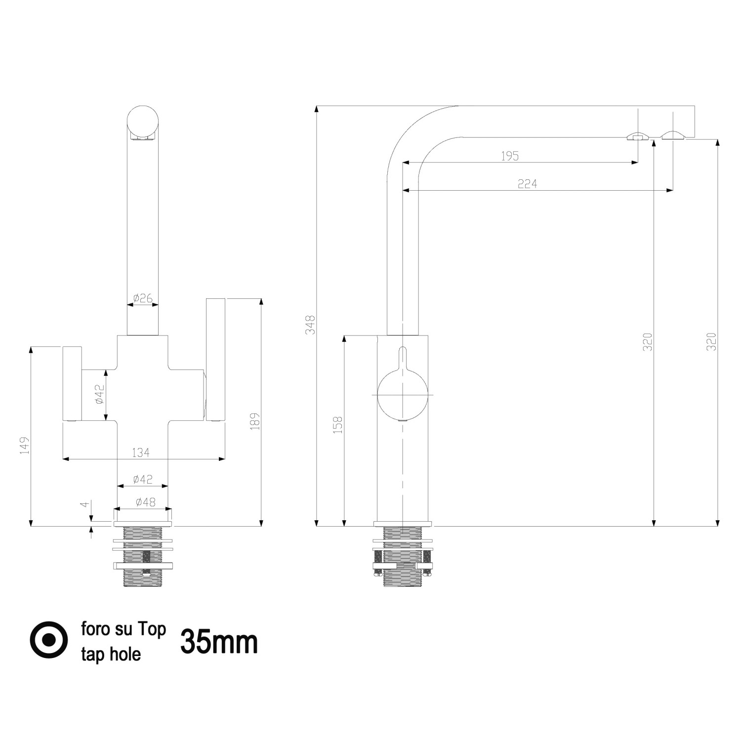 Technische Zeichnung: VIZIO Niederdruck 3-Wege Küchenarmatur, schwarz matt, mit Maßangaben.