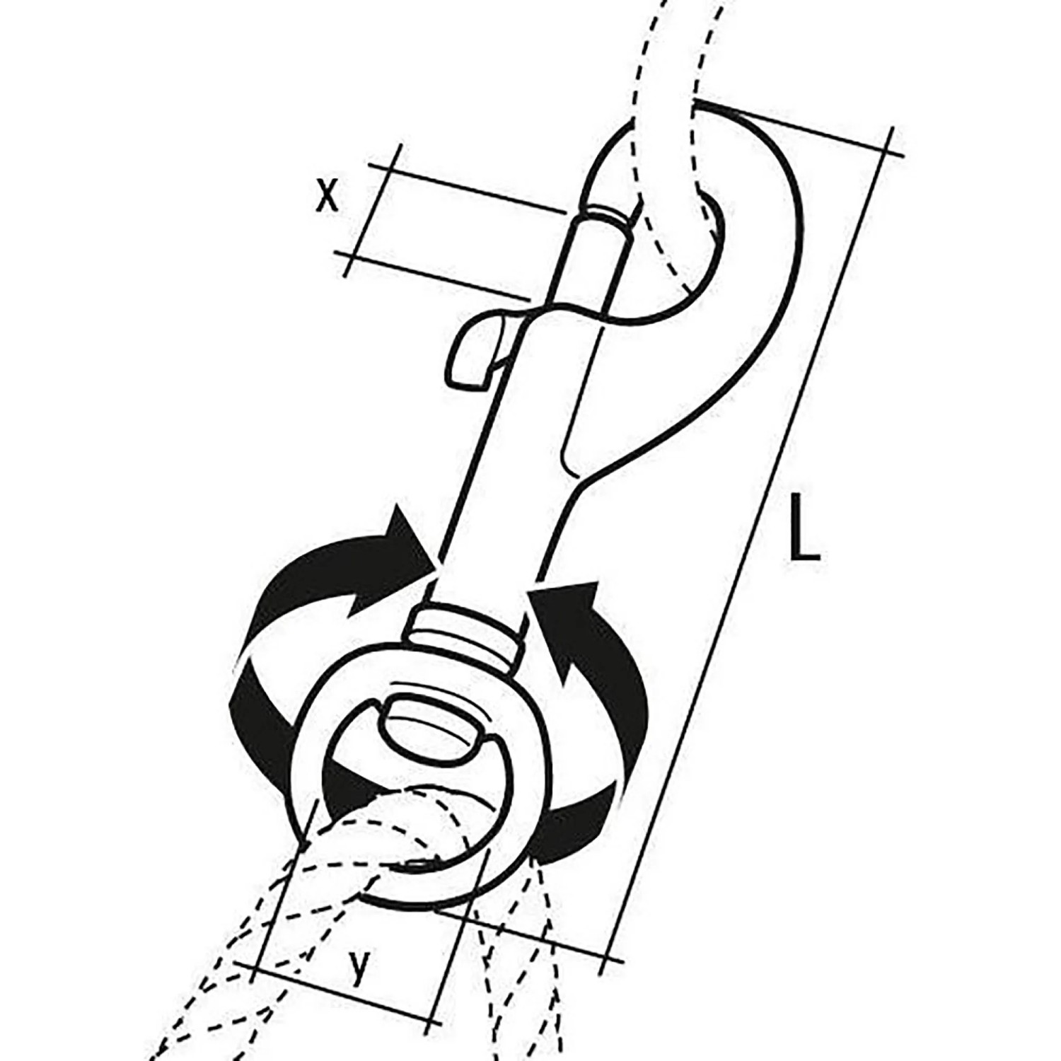 Technische Zeichnung: Conacord Schnapphaken mit Wirbel, Zink, Länge 78 mm, Edelstahl-Beschläge.