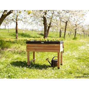 WONDERMAKE Hochbeet Kirchbaum seminandum1 im Garten mit Blumen und Gießkanne.