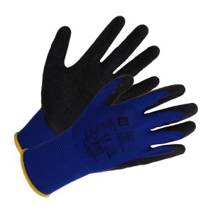 Blaue LUX Latex-Arbeitshandschuhe Gr. 10 mit schwarzer Latex-Beschichtung für Montage und Garten.