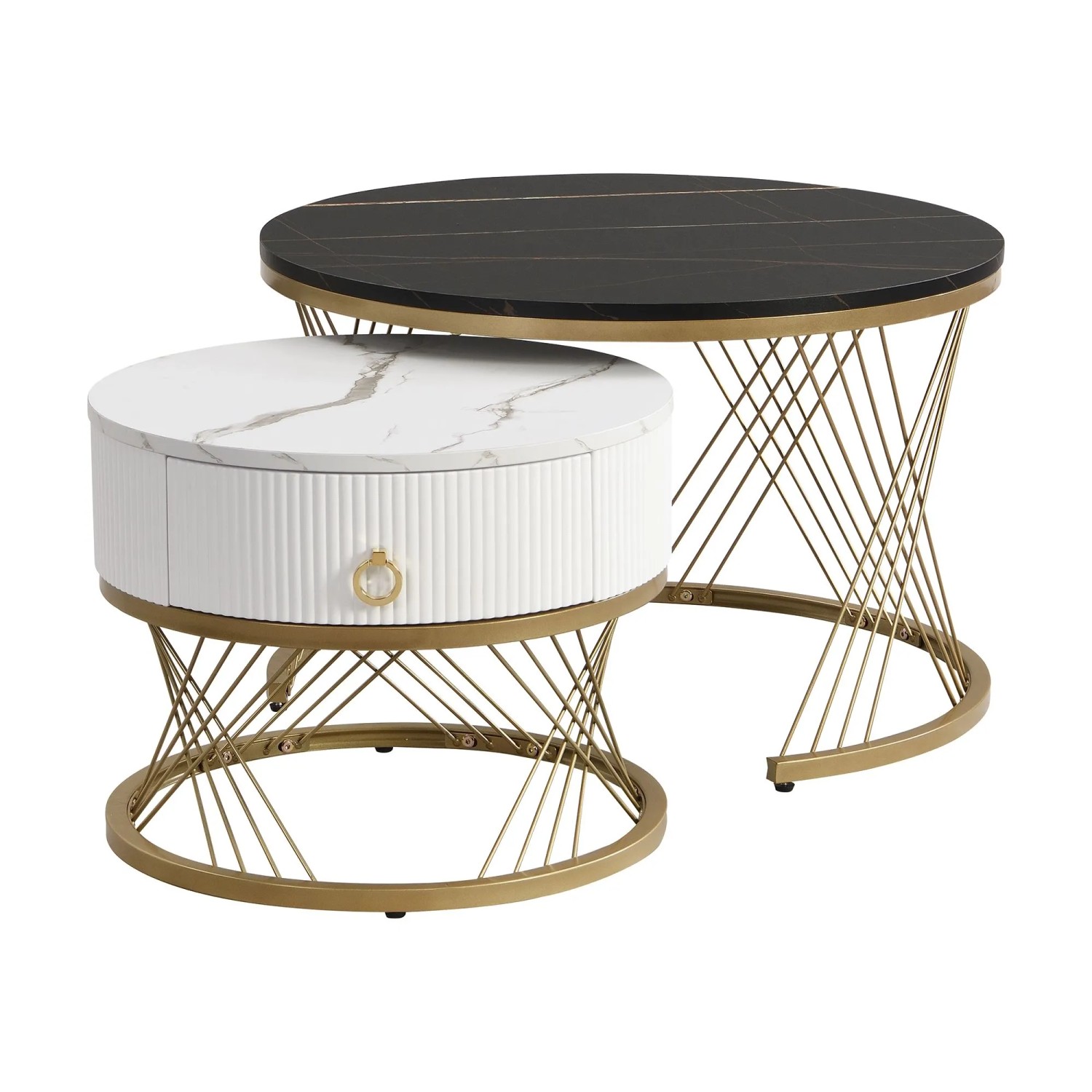 PXloue Couchtisch Set Marmor Optik Gold 2 Stück Mit Schublade Weiß