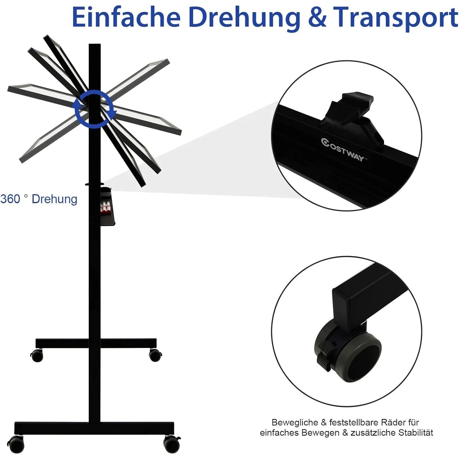 Mobiles Costway Whiteboard 120x60 cm mit Rollen und Ständer, drehbar, Details zu Rollen und Drehung.